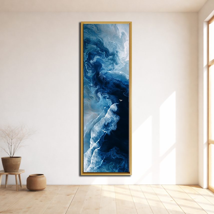 Blue Ocean Fluid Abstract canvas wall art, natural wood floating frame