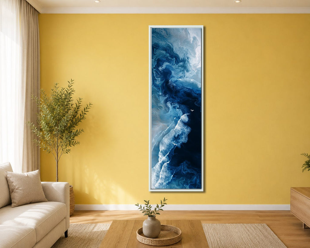 Blue Ocean Fluid Abstract canvas wall art, white floating frame