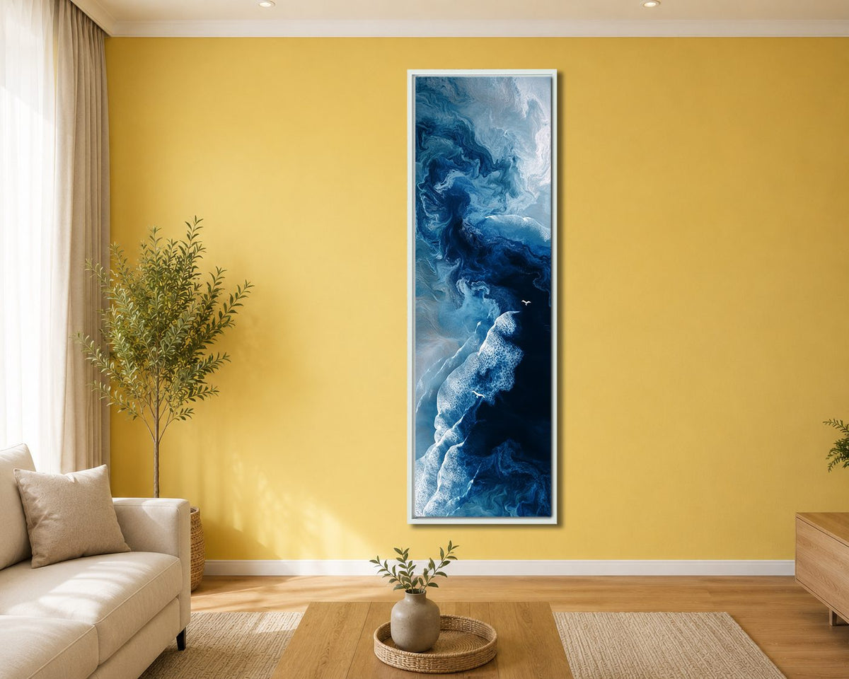 Blue Ocean Fluid Abstract canvas wall art, white floating frame