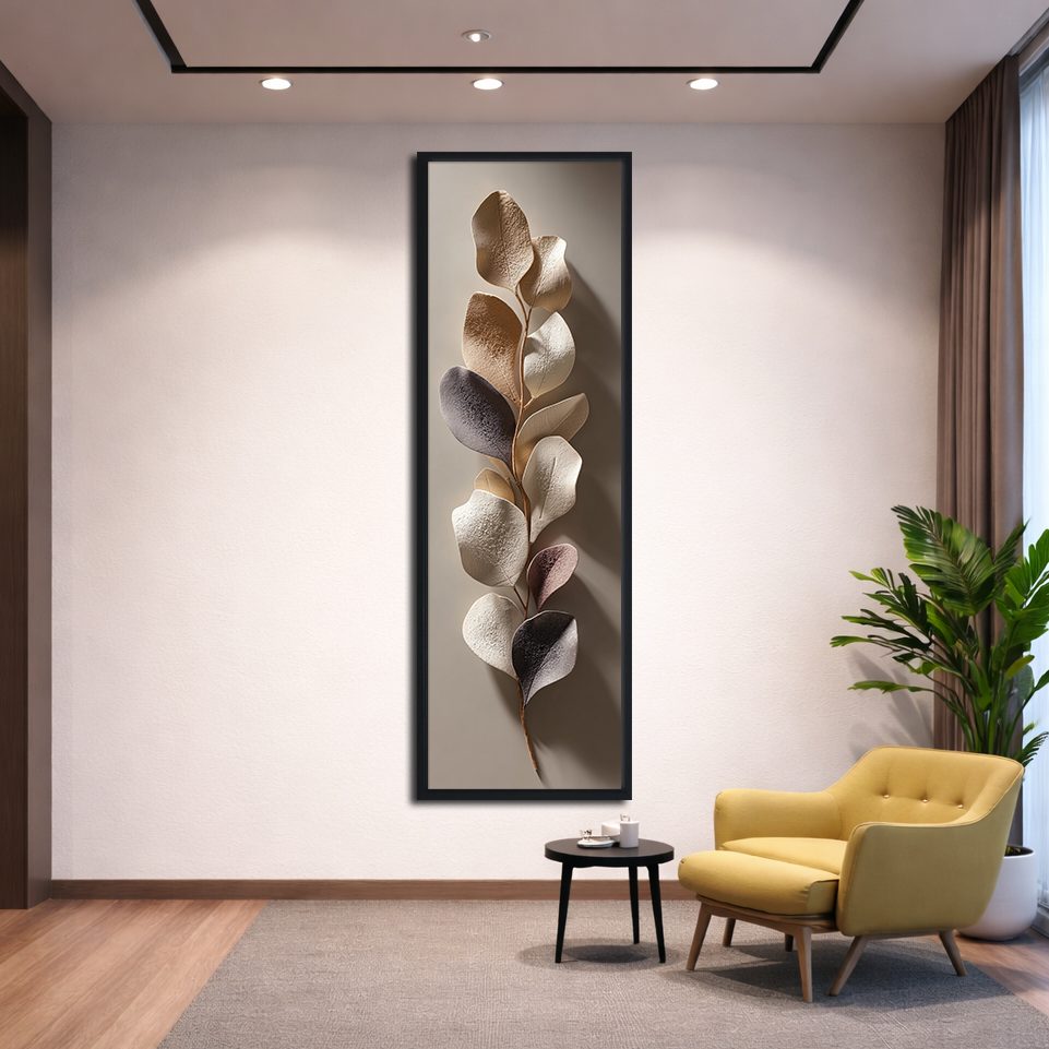 Bronze and Silver Eucalyptus Leaves canvas wall art, black floating frame