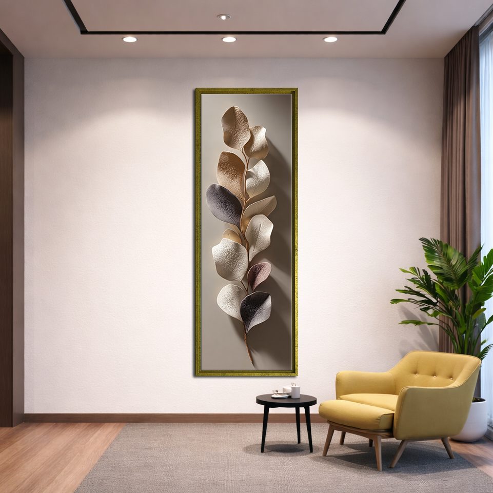 Bronze and Silver Eucalyptus Leaves canvas wall art, gold floating frame