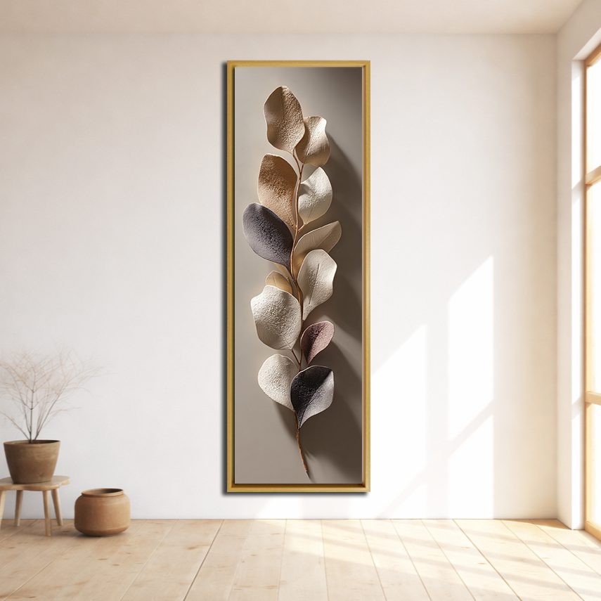 Bronze and Silver Eucalyptus Leaves canvas wall art, natural wood floating frame