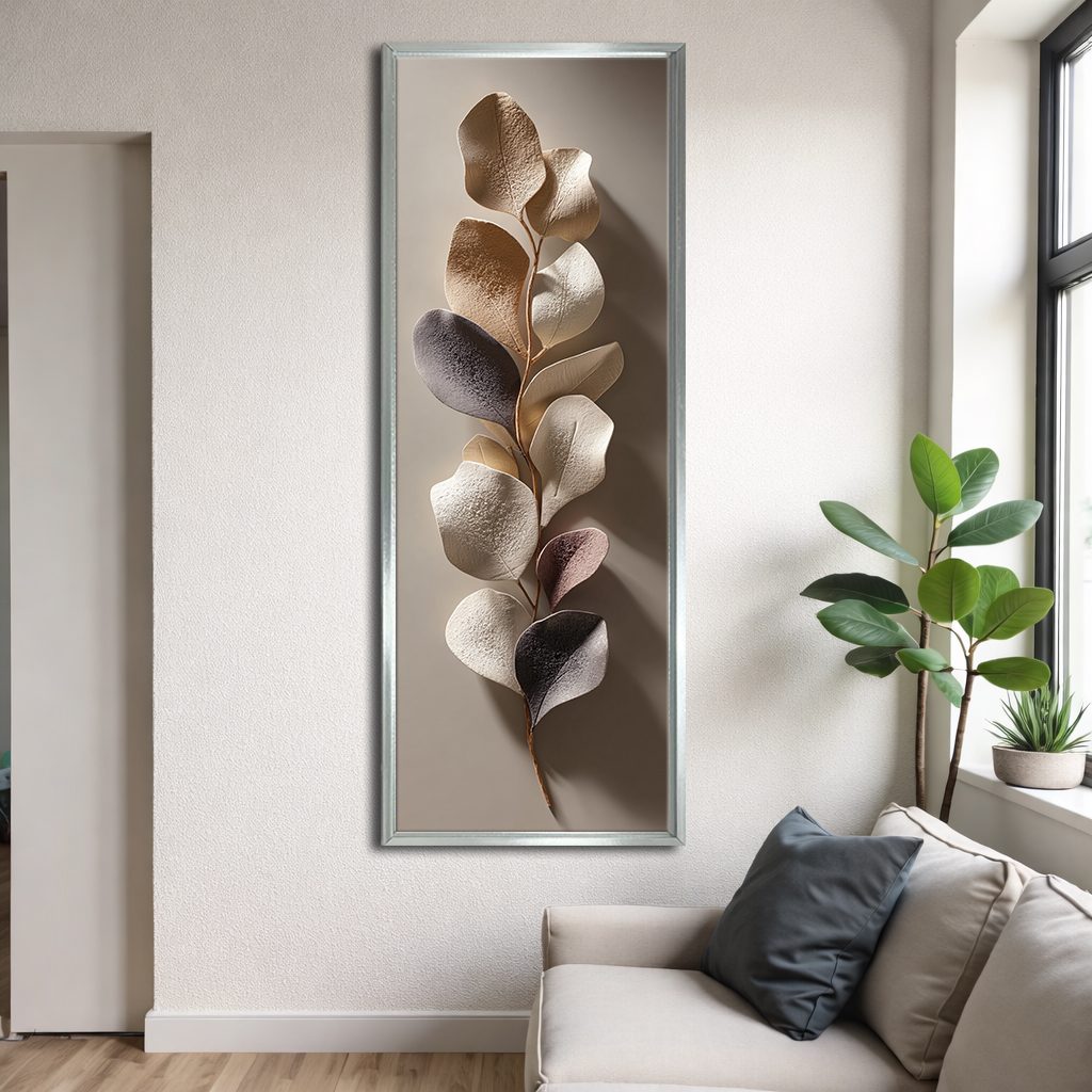 Bronze and Silver Eucalyptus Leaves canvas wall art, silver floating frame