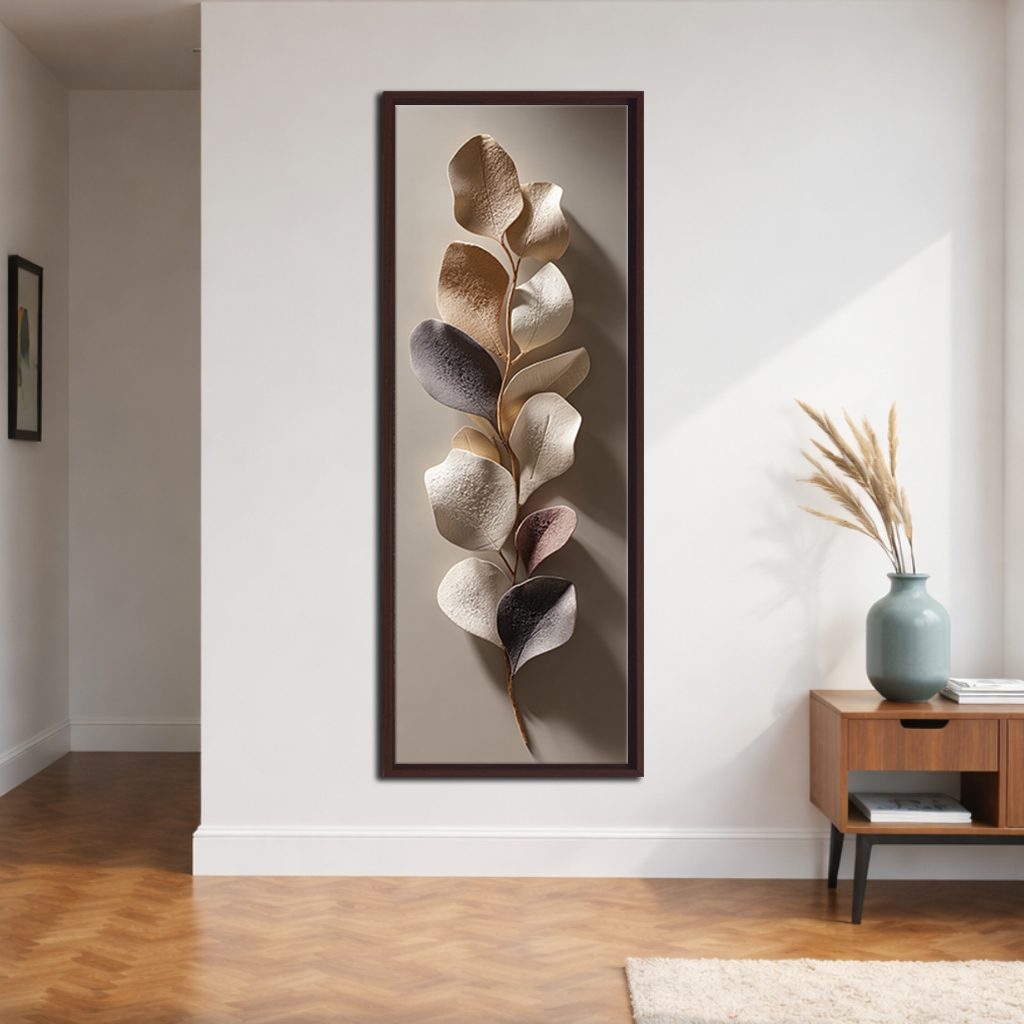 Bronze and Silver Eucalyptus Leaves canvas wall art, walnut floating frame