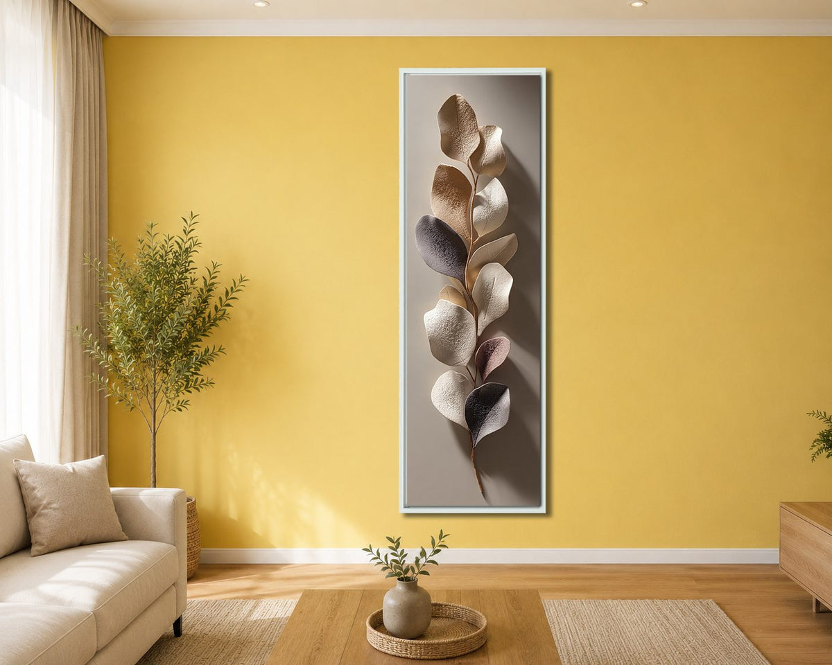 Bronze and Silver Eucalyptus Leaves canvas wall art, white floating frame