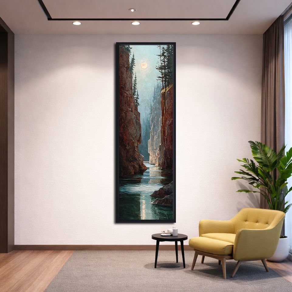 Canyon River under the Moon canvas wall art, black floating frame