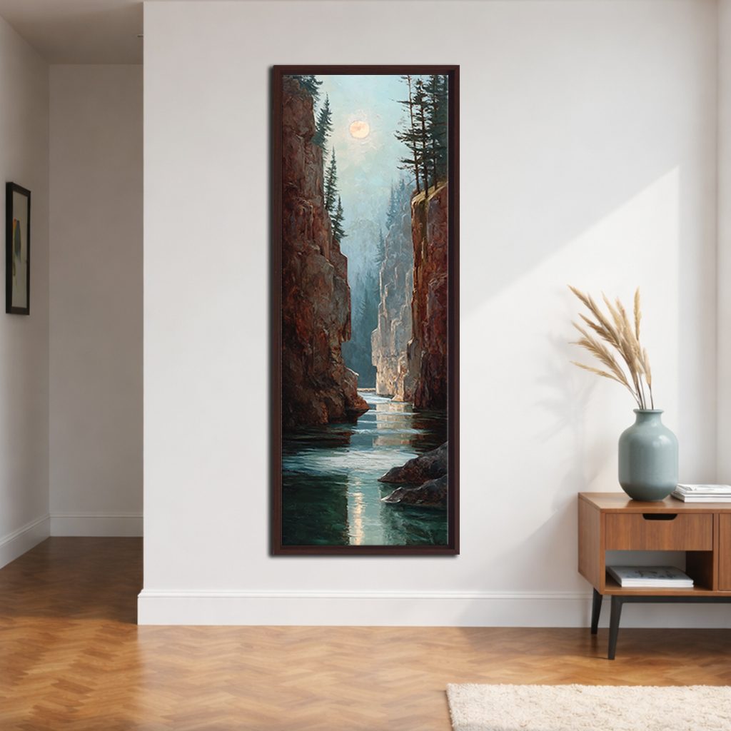 Canyon River under the Moon canvas wall art, walnut floating frame