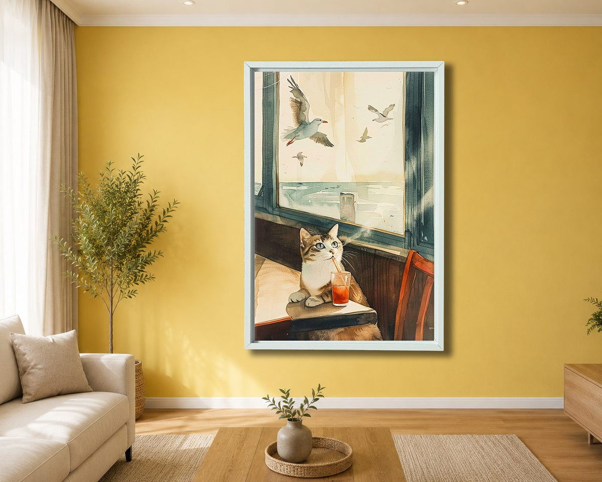 Cat by the Seaside Window canvas wall art, white floating frame
