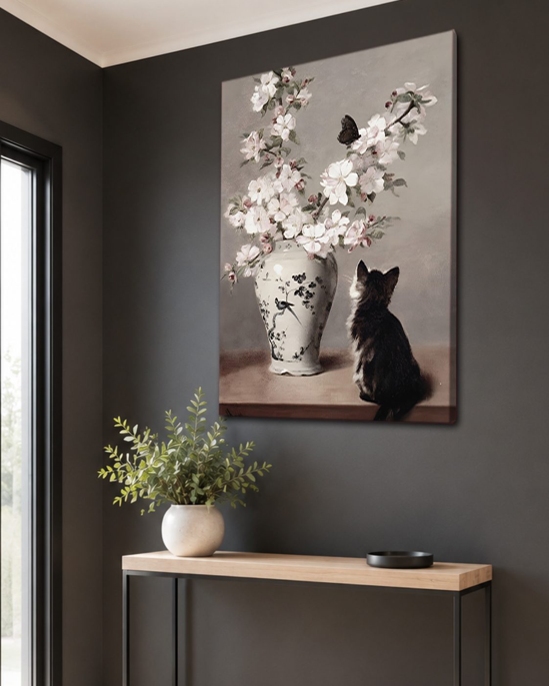 Cat with Cherry Blossom Vase canvas wall art, unframed canvas