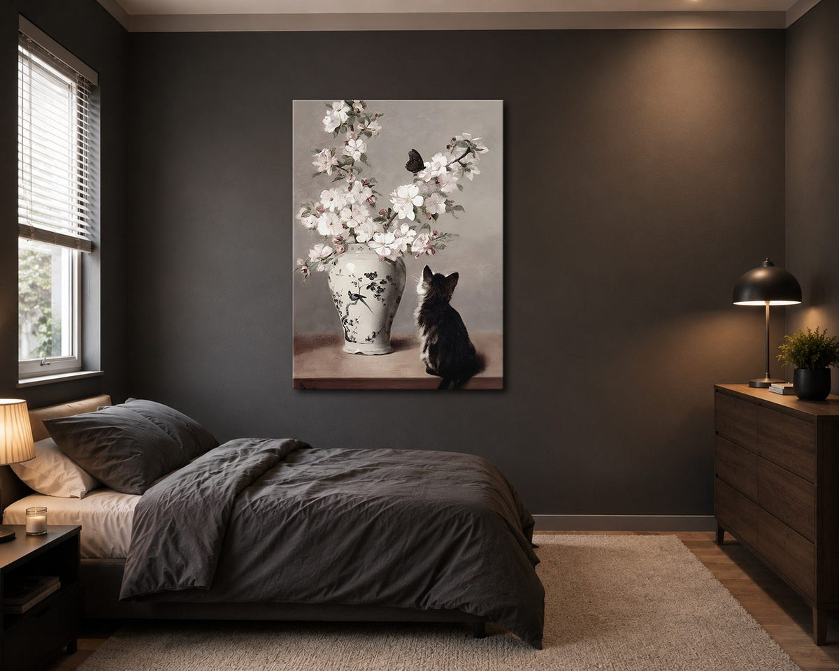 Cat with Cherry Blossom Vase canvas wall art, unframed canvas