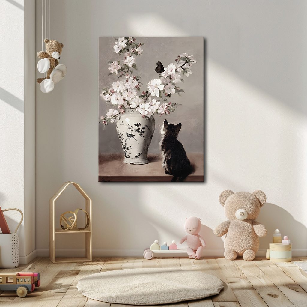 Cat with Cherry Blossom Vase canvas wall art, unframed canvas