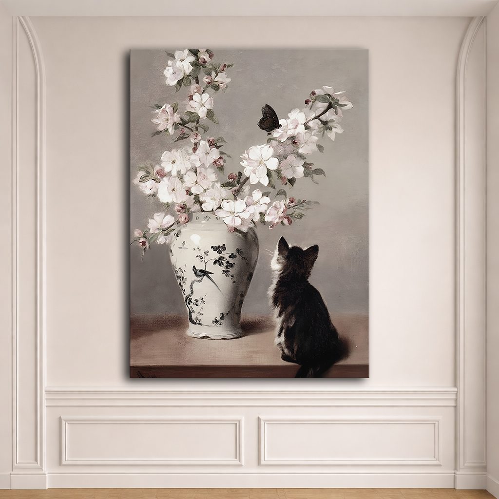 Cat with Cherry Blossom Vase canvas wall art, unframed canvas