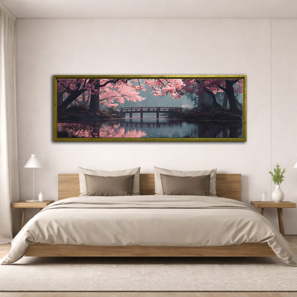 Cherry Blossom Bridge Lake canvas wall art, antique gold floating frame