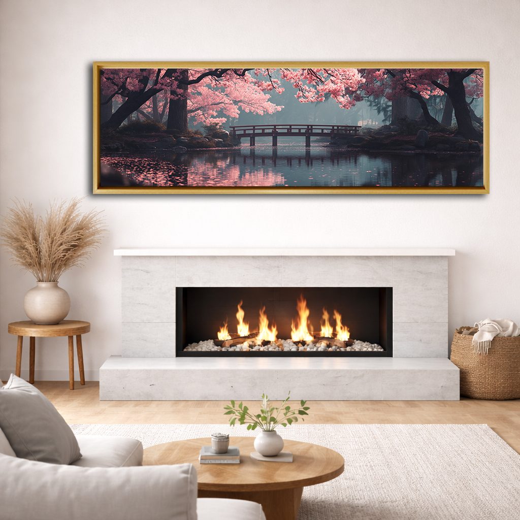 Cherry Blossom Bridge Lake canvas wall art, natural wood floating frame