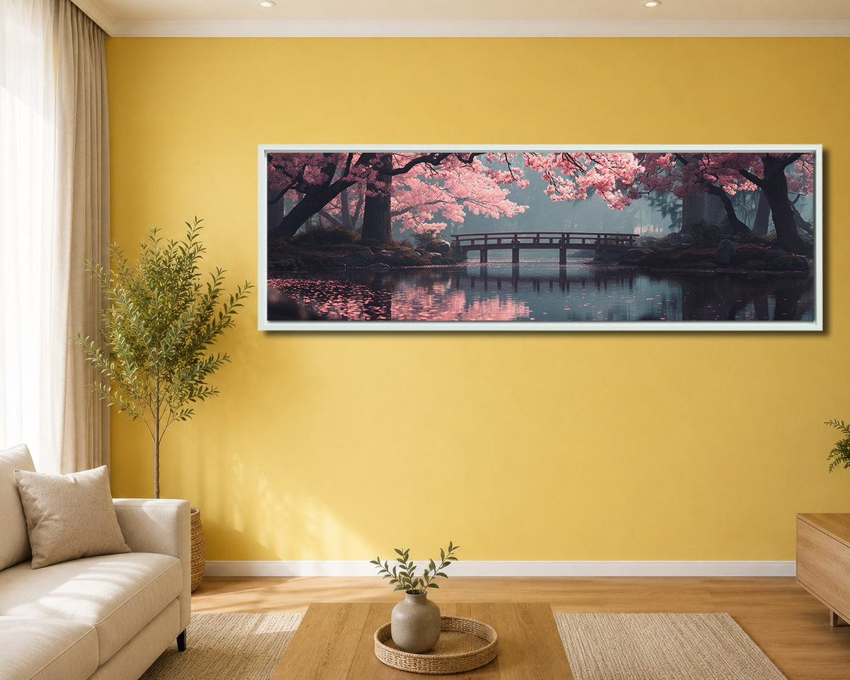 Cherry Blossom Bridge Lake canvas wall art, white floating frame