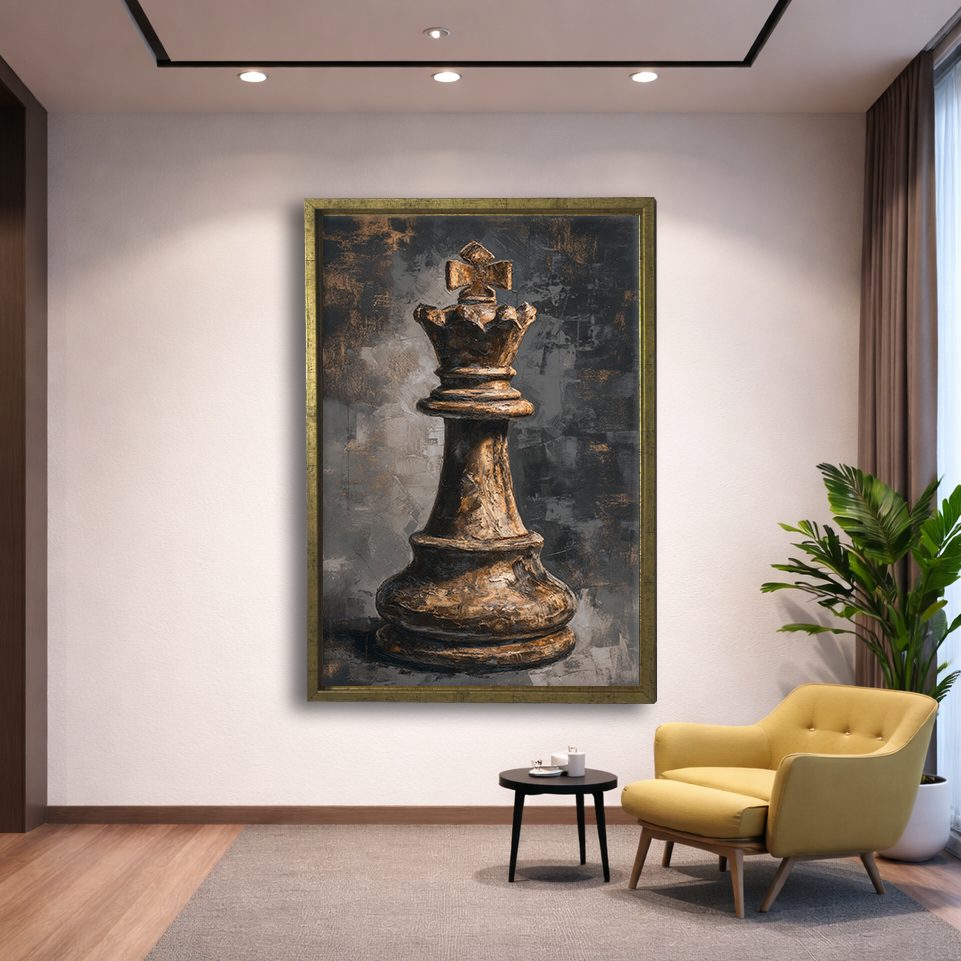 Chess King Piece Dark canvas wall art, gold floating frame