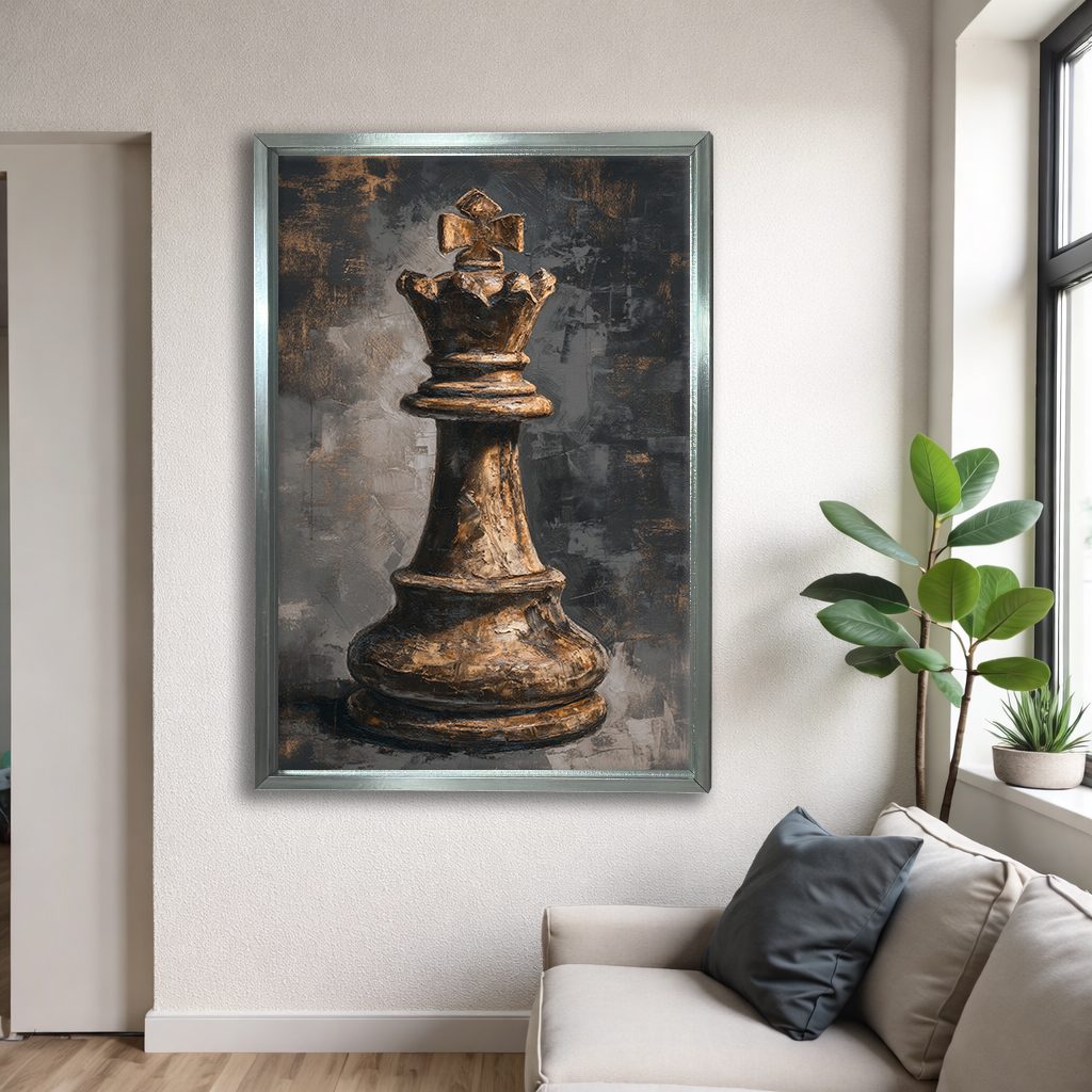Chess King Piece Dark canvas wall art, silver floating frame