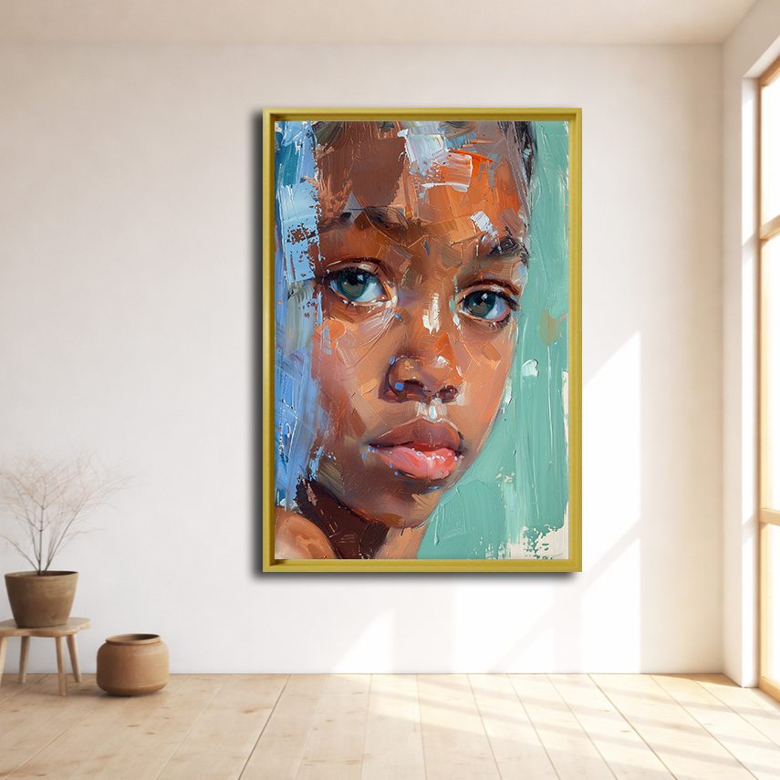Child Portrait Expressive Brushstrokes canvas wall art, natural wood floating frame