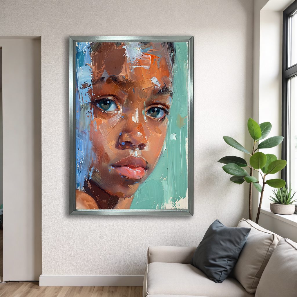 Child Portrait Expressive Brushstrokes canvas wall art, silver floating frame