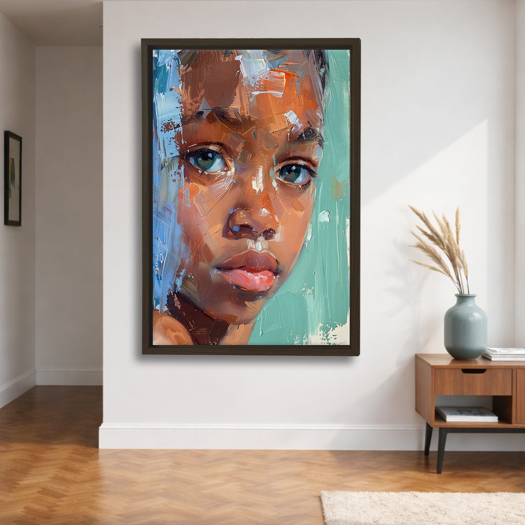 Child Portrait Expressive Brushstrokes canvas wall art, walnut floating frame