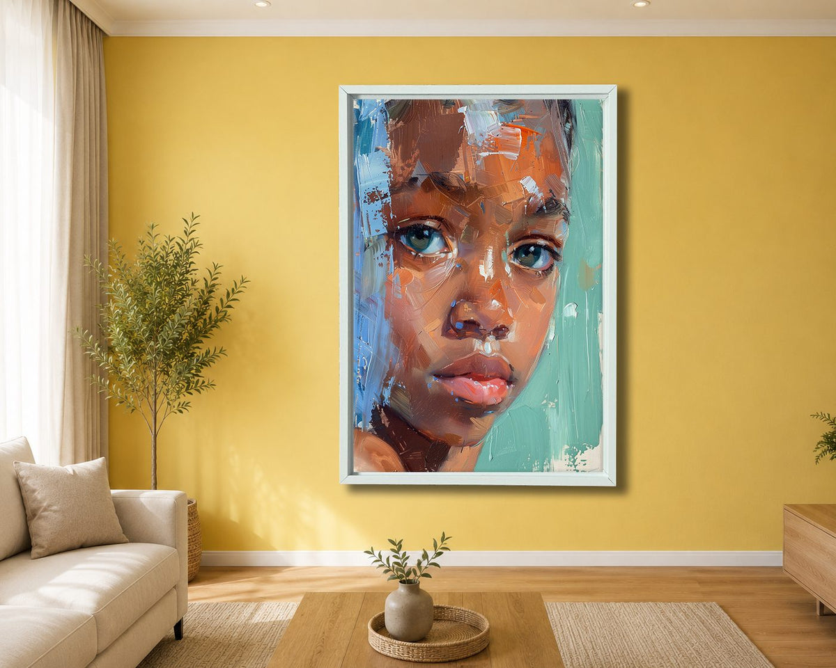 Child Portrait Expressive Brushstrokes canvas wall art, white floating frame