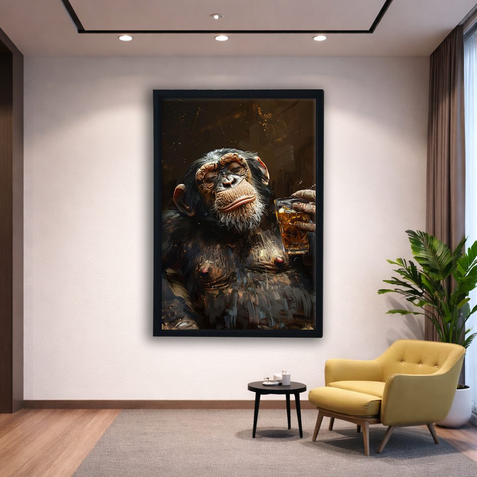 Chimpanzee with Whiskey canvas wall art, black floating frame