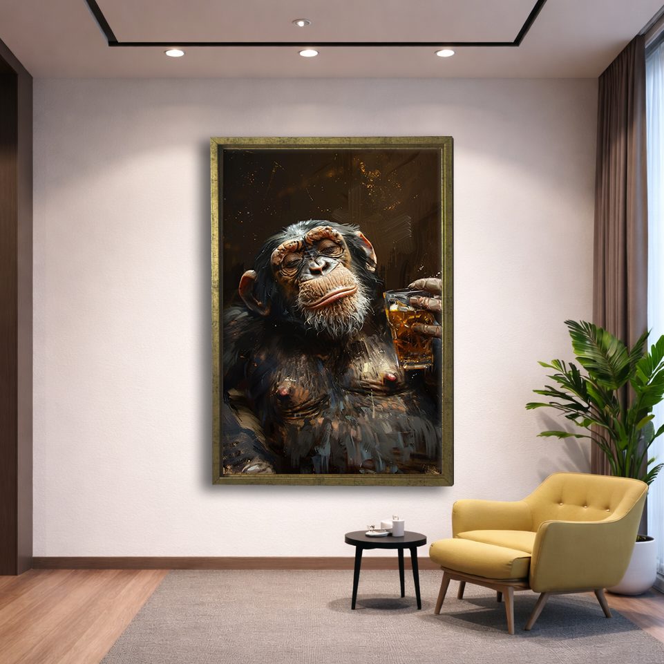 Chimpanzee with Whiskey canvas wall art, gold floating frame