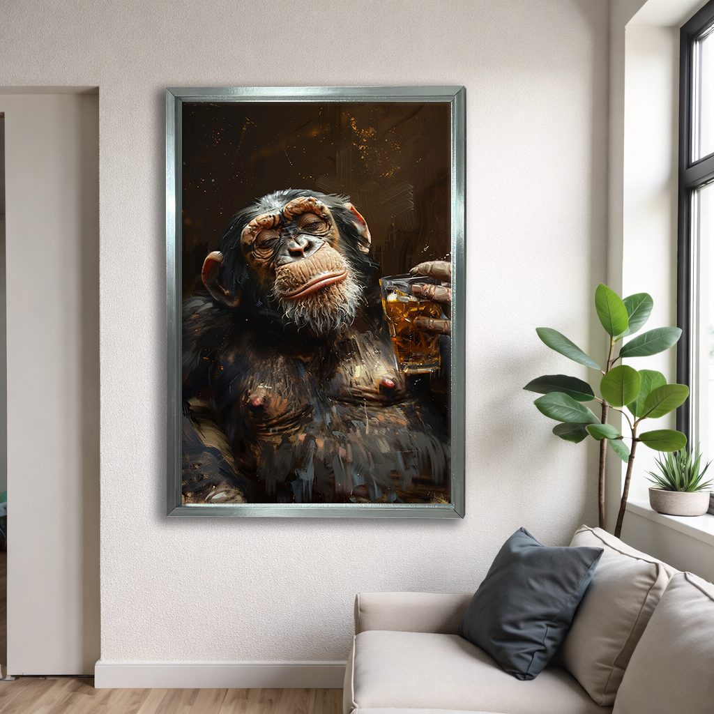Chimpanzee with Whiskey canvas wall art, silver floating frame