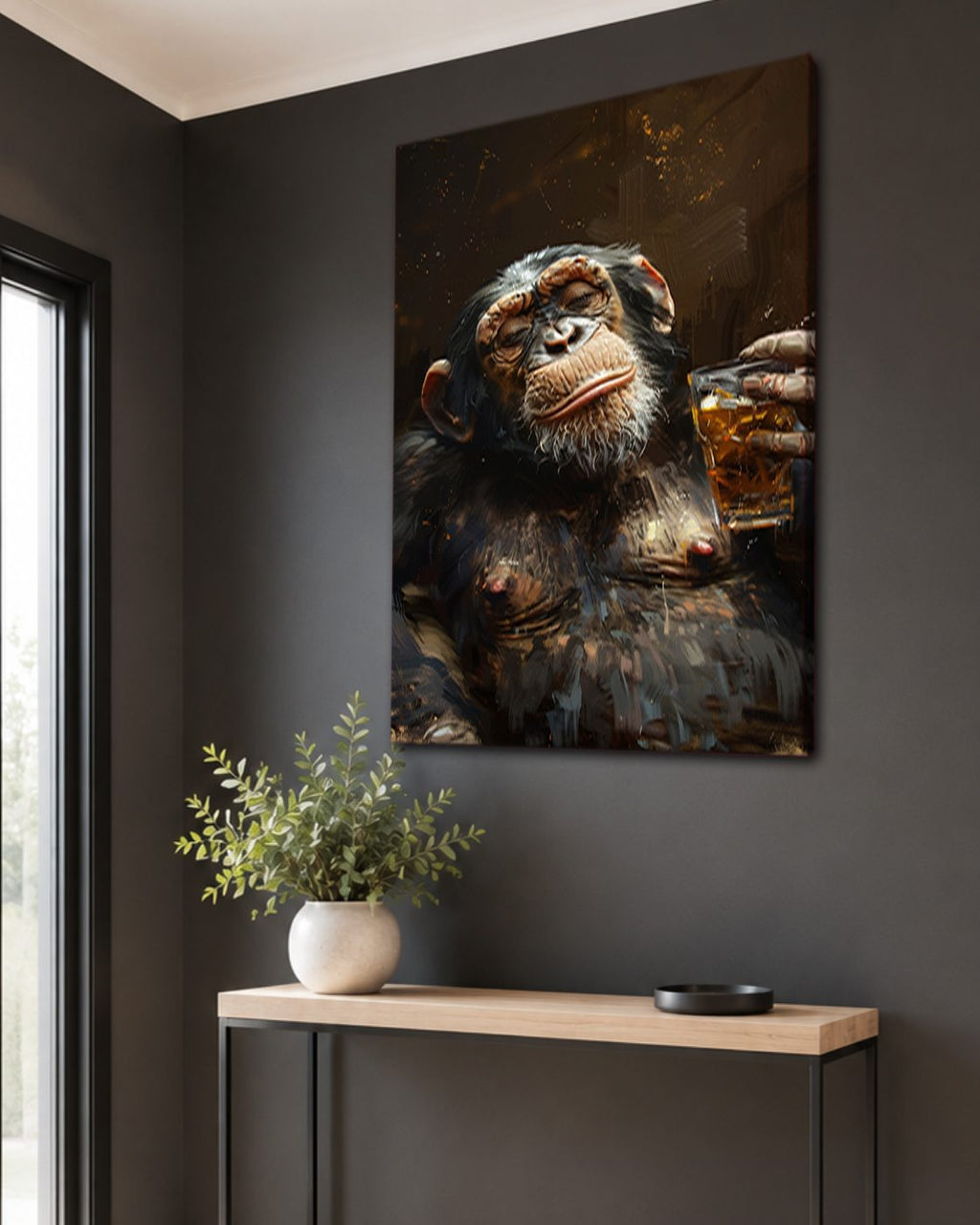 Chimpanzee with Whiskey canvas wall art, unframed canvas