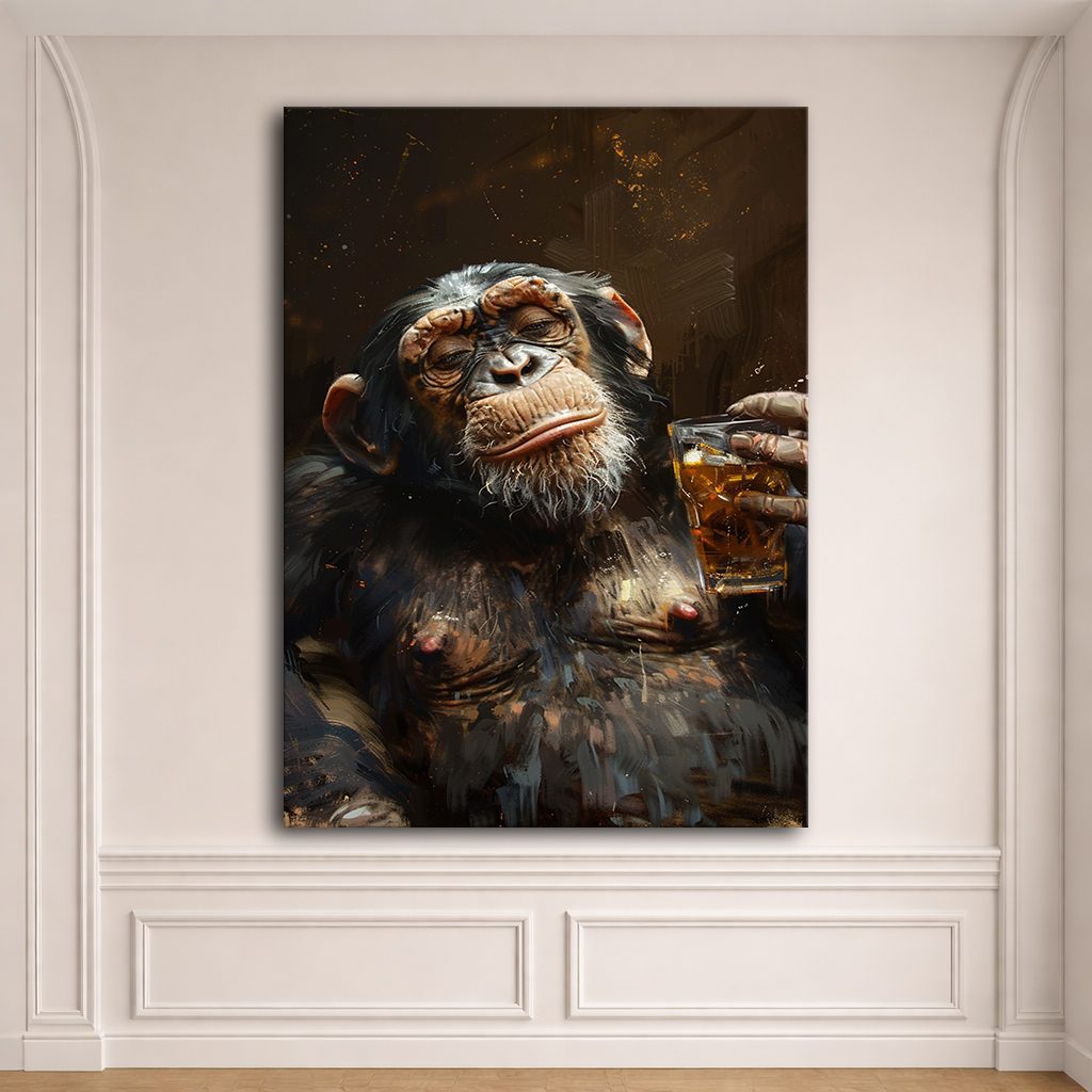 Chimpanzee with Whiskey canvas wall art, unframed canvas