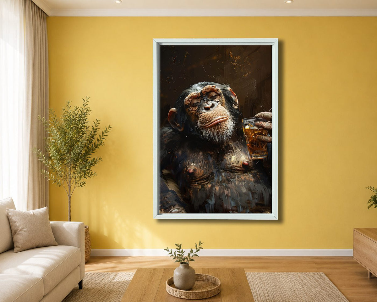 Chimpanzee with Whiskey canvas wall art, white floating frame