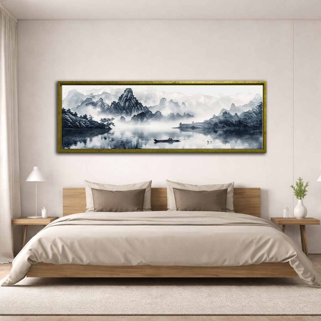 Chinese Ink Mountain Landscape canvas wall art, antique gold floating frame