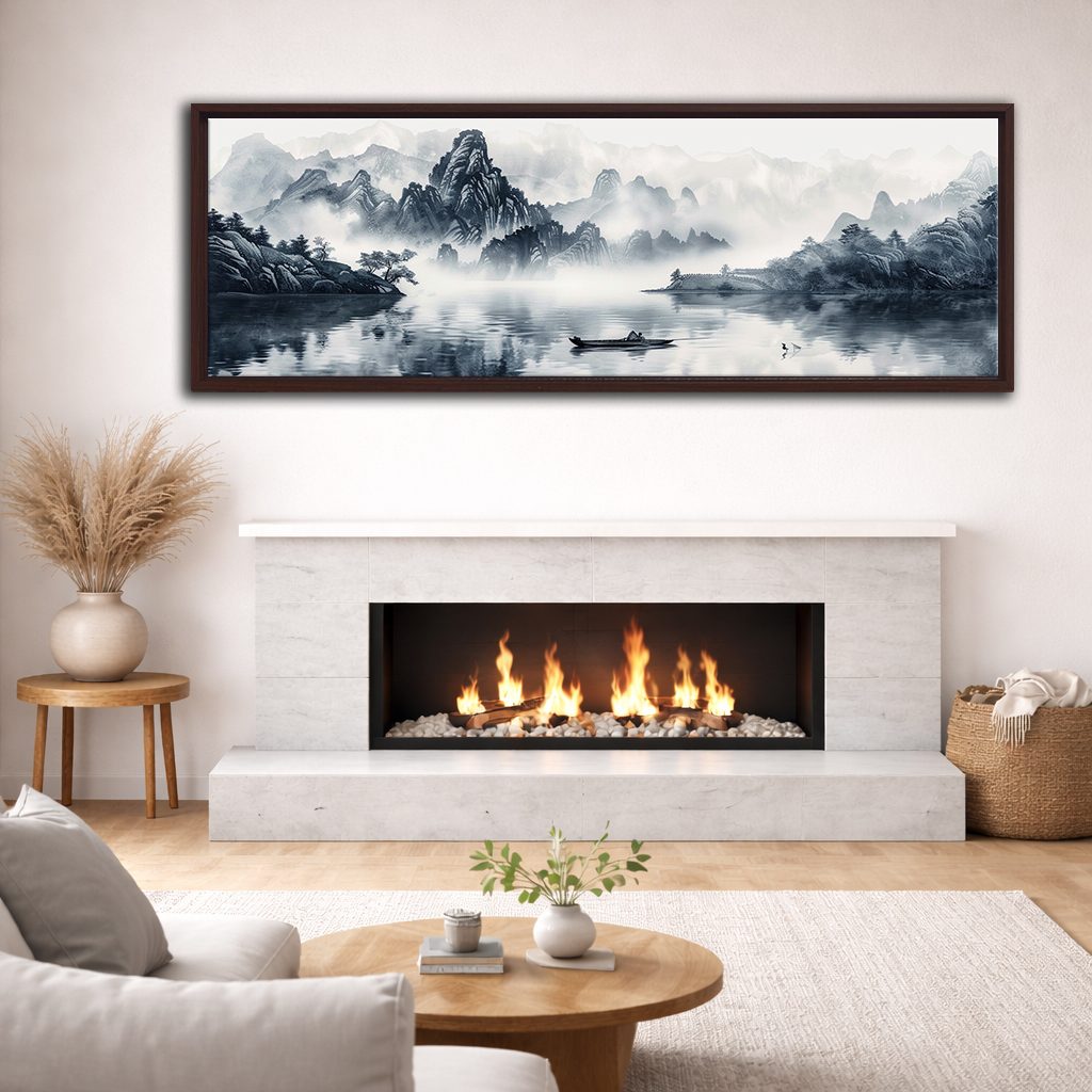 Chinese Ink Mountain Landscape canvas wall art, walnut floating frame