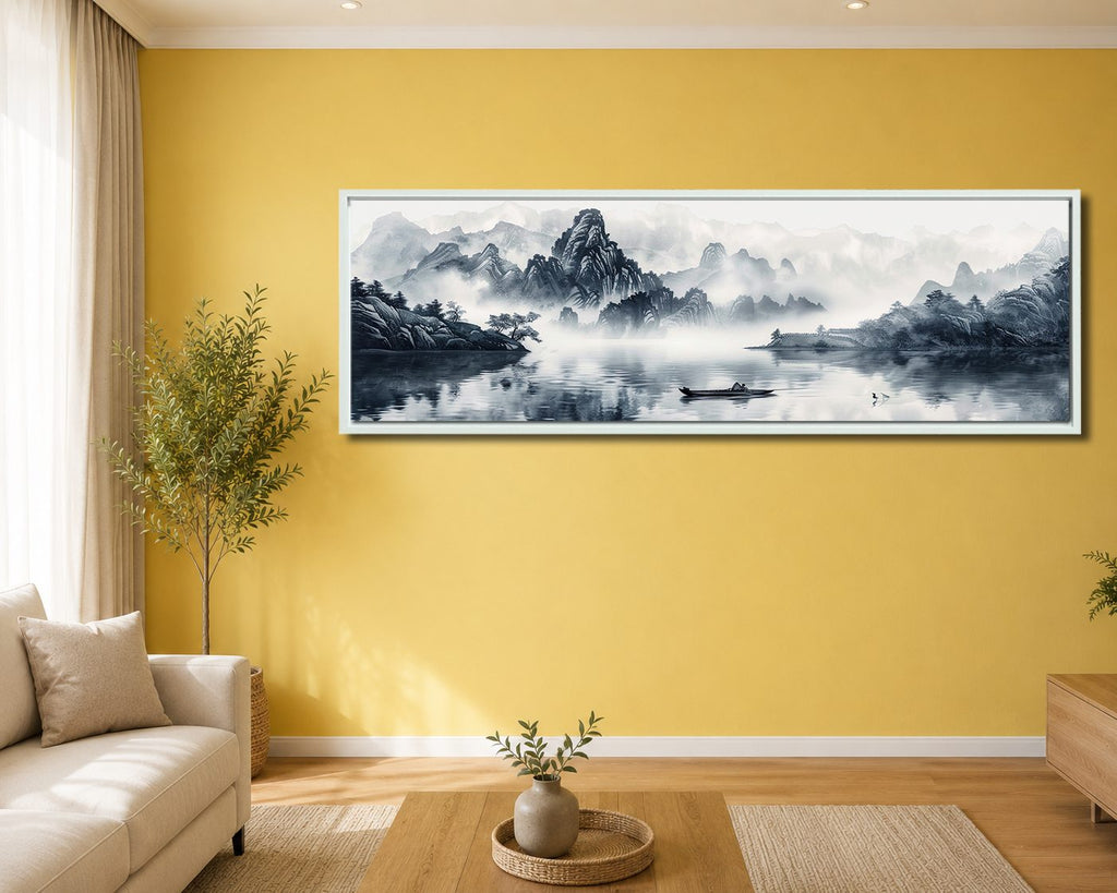Chinese Ink Mountain Landscape canvas wall art, white floating frame