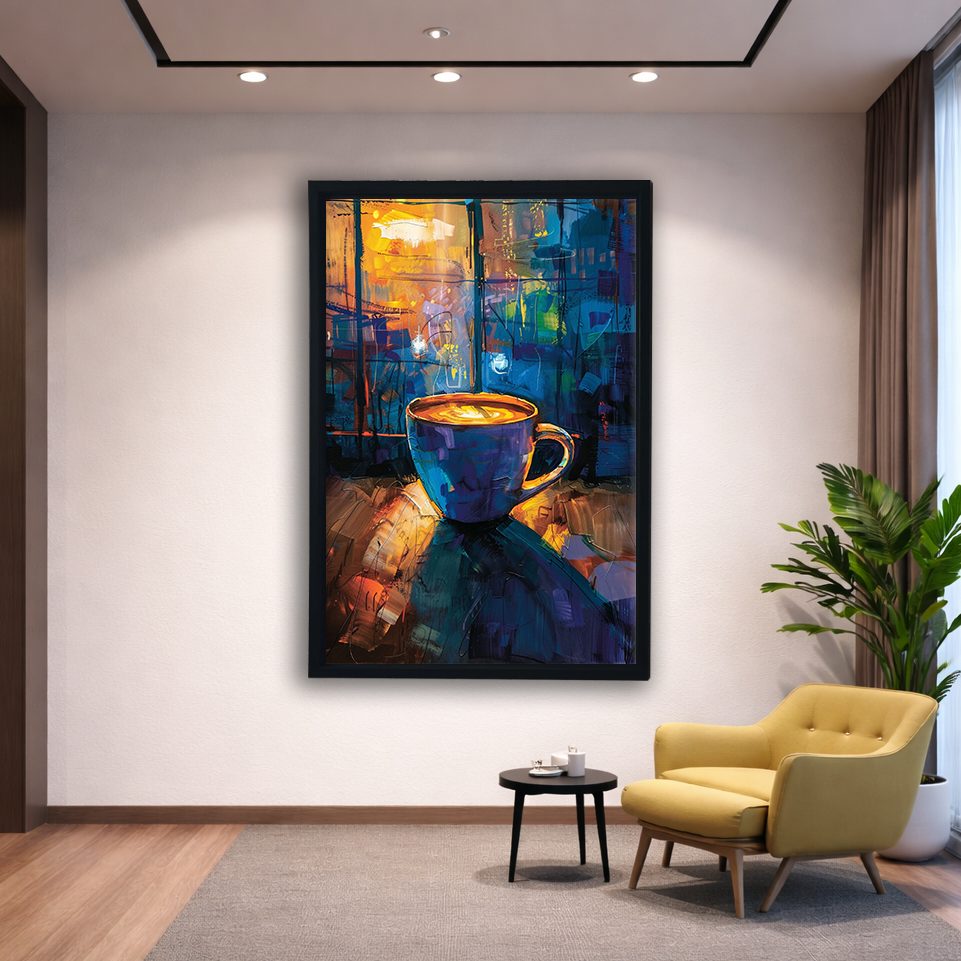 Coffee Cup in Colorful Cafe canvas wall art, black floating frame