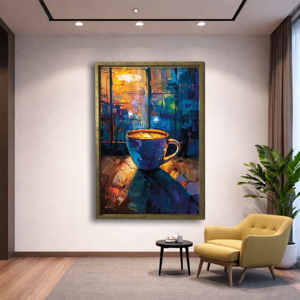 Coffee Cup in Colorful Cafe canvas wall art, gold floating frame