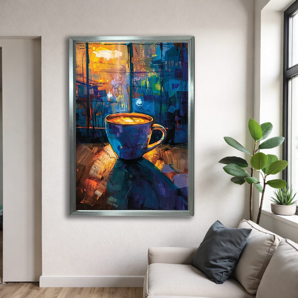 Coffee Cup in Colorful Cafe canvas wall art, silver floating frame