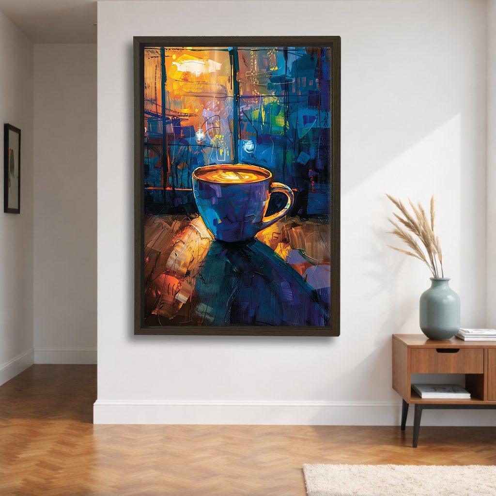 Coffee Cup in Colorful Cafe canvas wall art, walnut floating frame