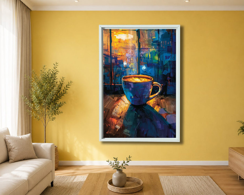 Coffee Cup in Colorful Cafe canvas wall art, white floating frame