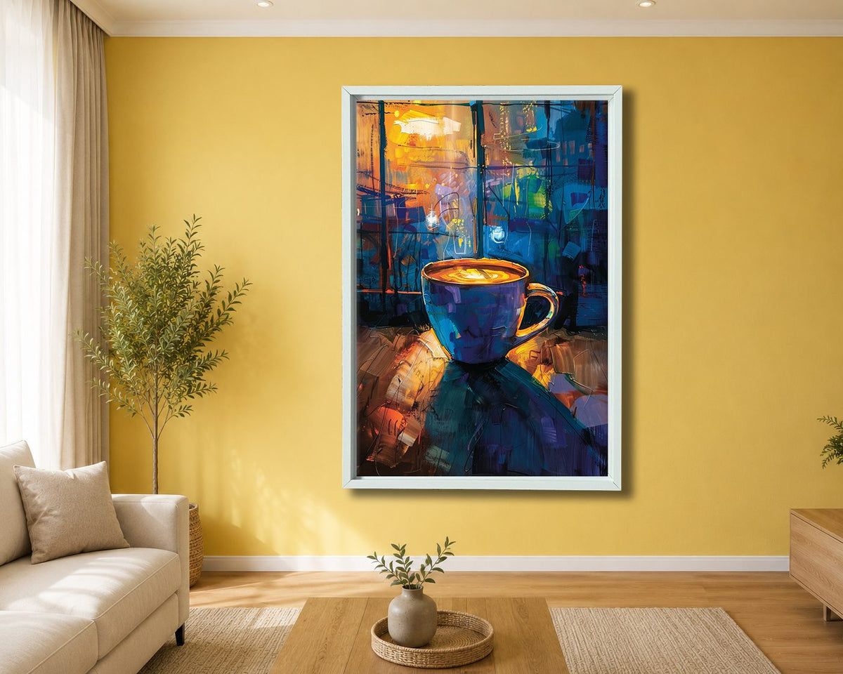 Coffee Cup in Colorful Cafe canvas wall art, white floating frame