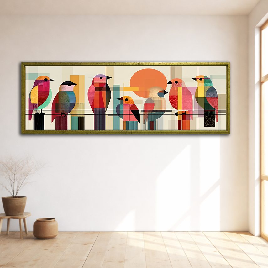 Colorful Mid-Century Birds on a Wire canvas wall art, gold floating frame