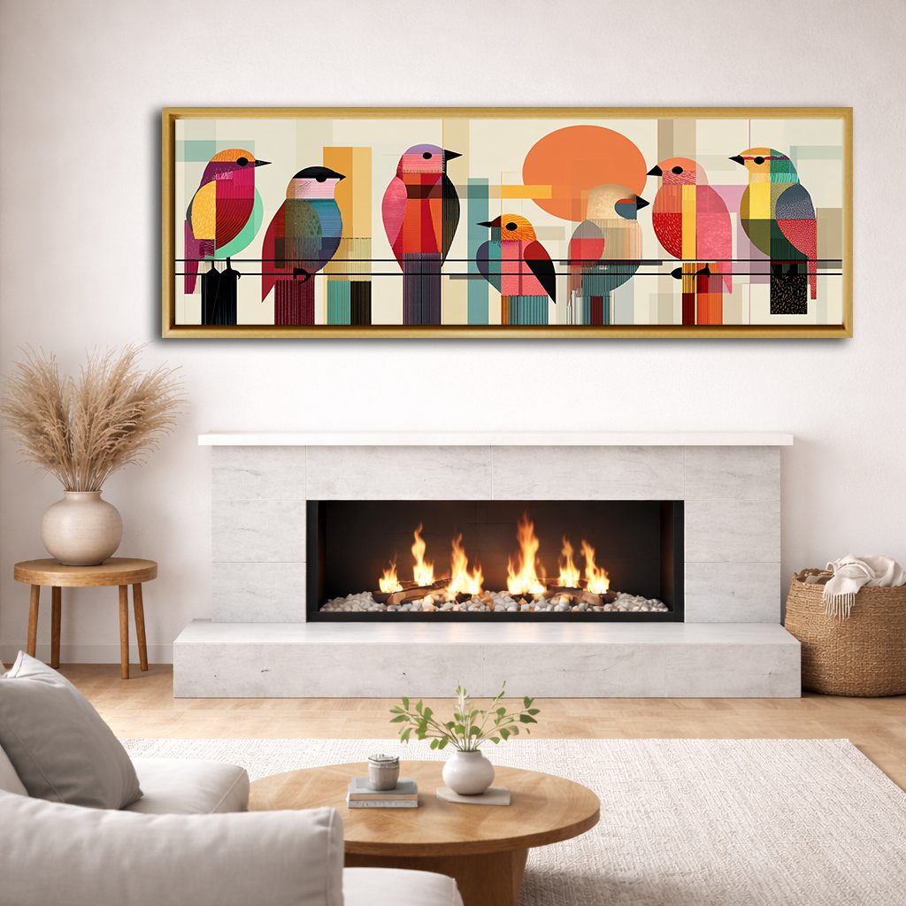 Colorful Mid-Century Birds on a Wire canvas wall art, natural wood floating frame