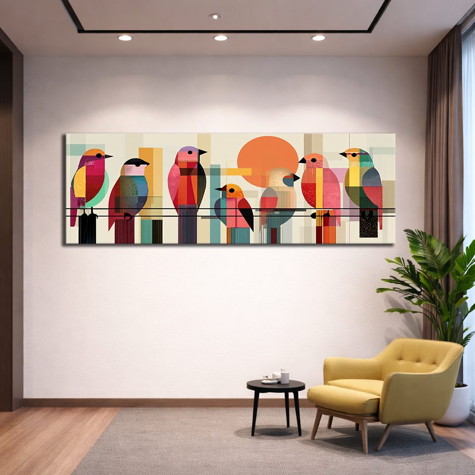 Colorful Mid-Century Birds on a Wire canvas wall art, unframed canvas