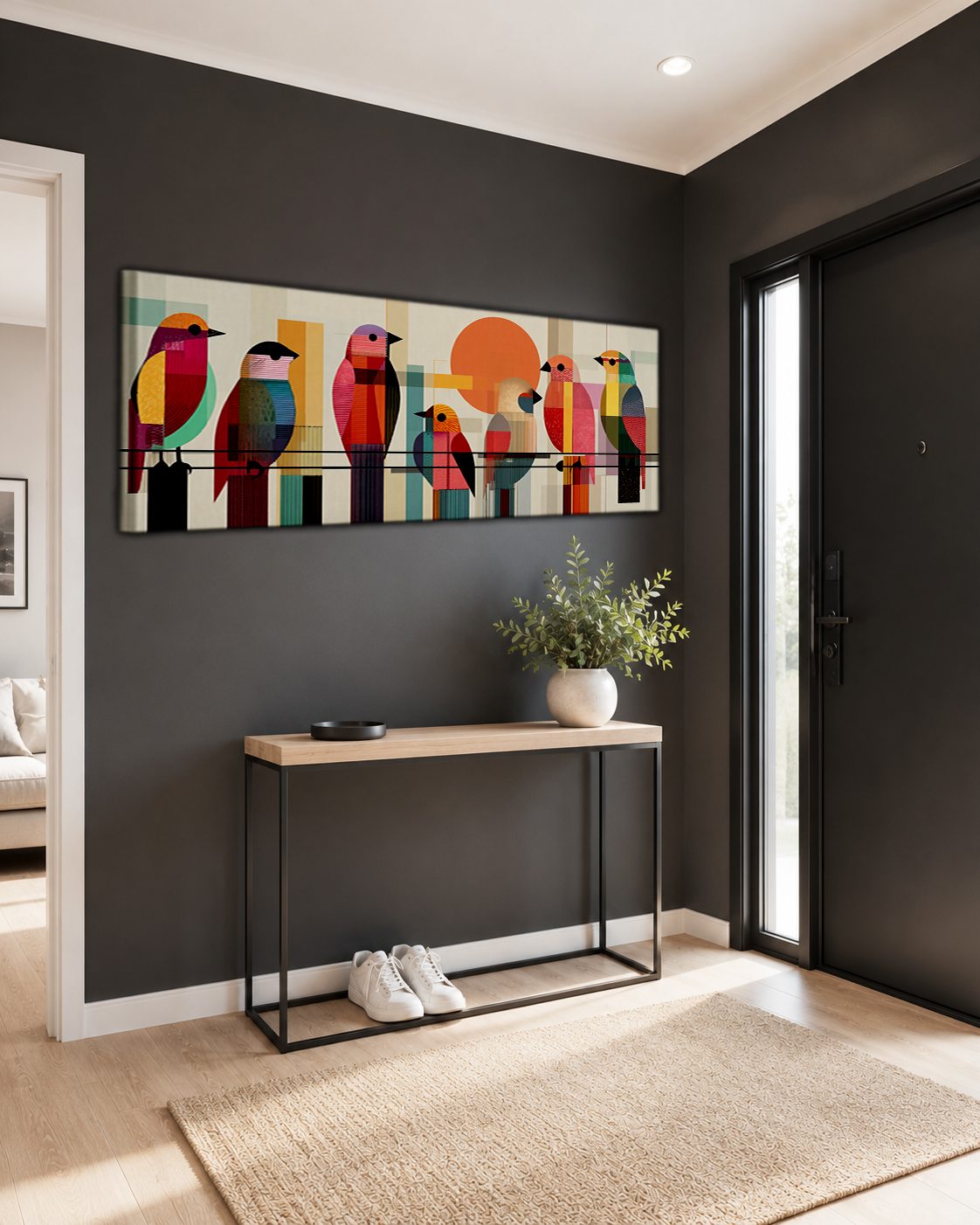 Colorful Mid-Century Birds on a Wire canvas wall art, unframed canvas