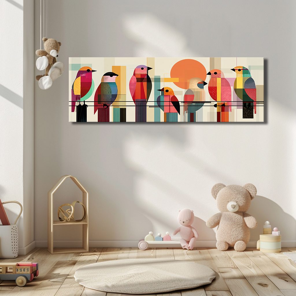 Colorful Mid-Century Birds on a Wire canvas wall art, unframed canvas