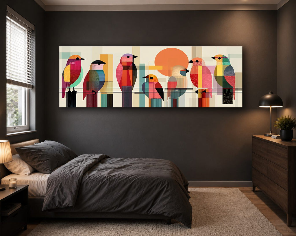Colorful Mid-Century Birds on a Wire canvas wall art, unframed canvas