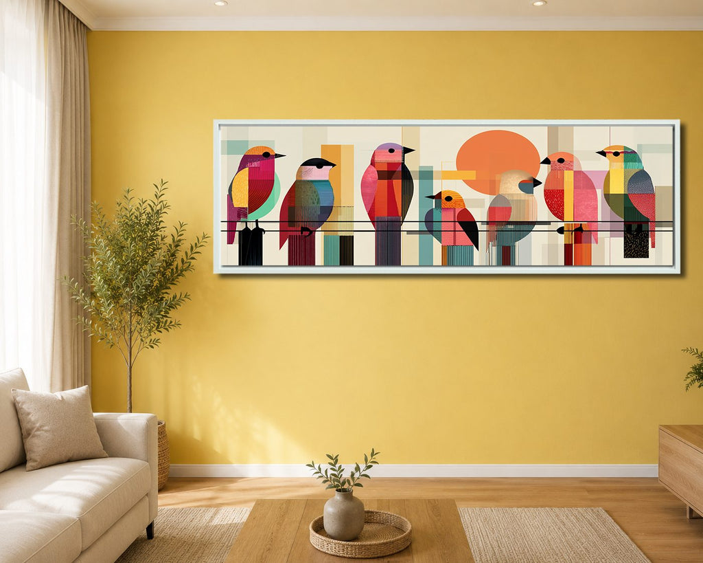 Colorful Mid-Century Birds on a Wire canvas wall art, white floating frame