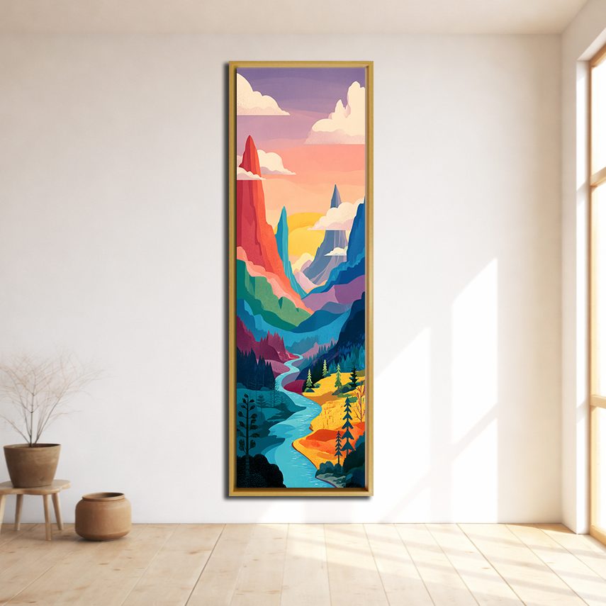 Colorful Mountain River Pop Art canvas wall art, natural wood floating frame