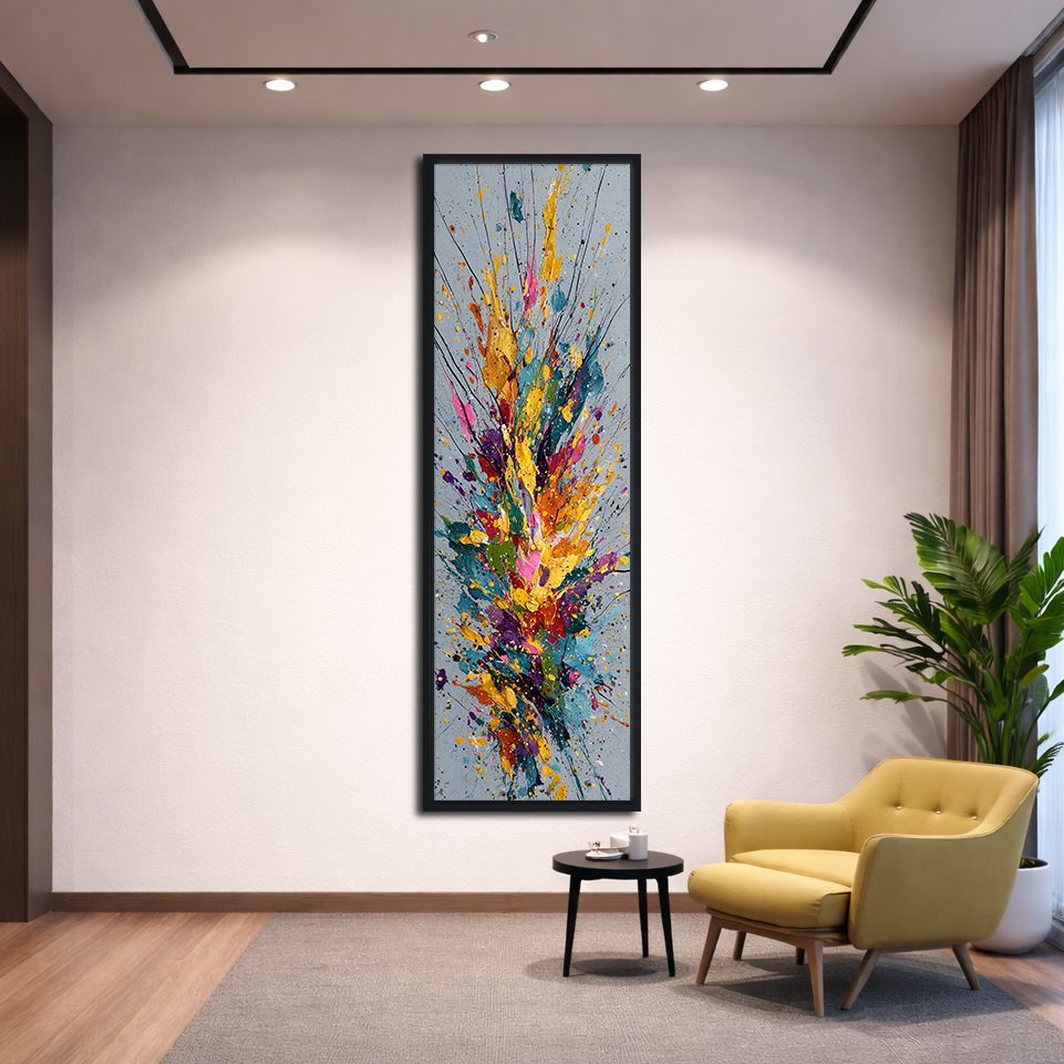 Colorful Paint Splash Abstract canvas wall art, black floating frame