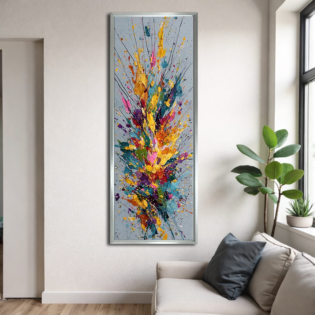 Colorful Paint Splash Abstract canvas wall art, silver floating frame